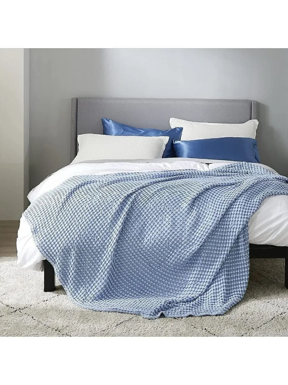 COTTON Waffle Weave Bamboo Blanket King Size Navy Soft Lightweight Bed Blanket - Picture 1 of 6